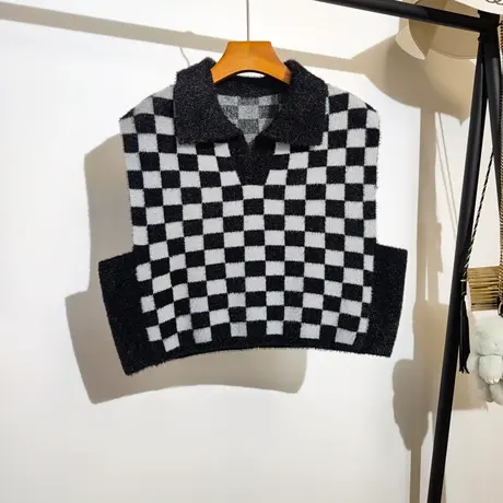 polo领毛衣背心马甲女外穿2023秋冬新款宽松短款棋盘格针织衫上衣商品大图