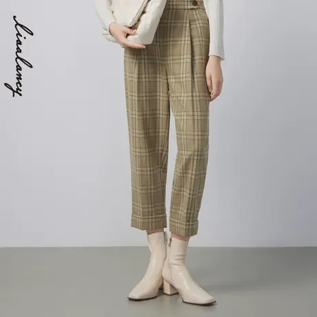 【纯羊毛】LANCY/朗姿女冬季新款格纹高腰女裤子女通勤小脚裤商品大图
