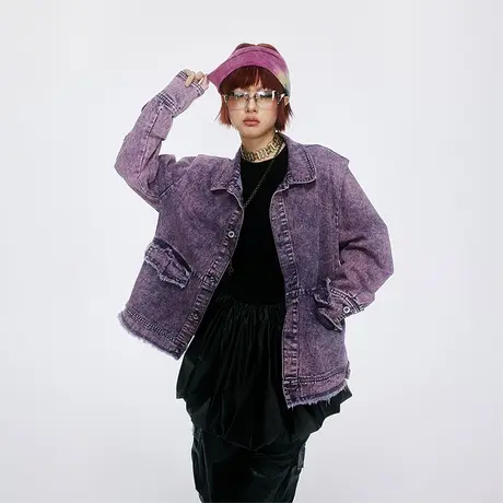 复古水洗牛仔外套女春秋2023年新款美式潮牌做旧夹克毛边宽松上衣商品大图