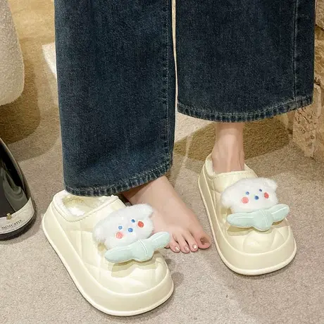 元气少女甜可爱小兔兔加绒棉拖鞋女冬季可外穿轻软底防滑毛绒拖鞋图片