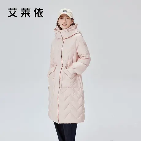 艾莱依绗缝羽绒服女2023新款连帽长款收腰鸭绒设计感H版冬季外套商品大图