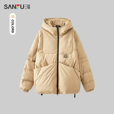 三福2023冬男士户外大口袋羽绒服 时尚保暖宽松连帽外套478086商品大图