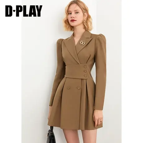 DPLAY秋装新新款ins风焦糖色不对称腰封设计西装式连衣裙图片