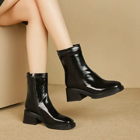 复古真皮短靴女加绒圆头粗跟高跟靴子显瘦单靴新款黑色百搭时装靴商品大图