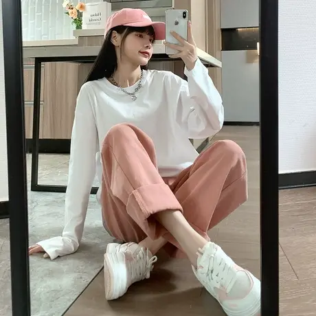 唐狮春秋季净色打底衫女宽松内搭纯色上衣百搭白色长袖t恤女潮商品大图