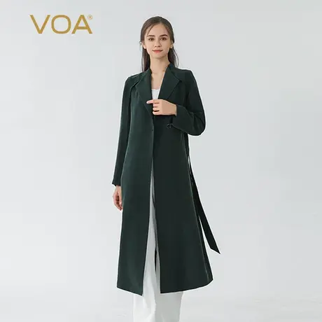 VOA祖母绿45姆米重磅厚桑蚕丝翻领长袖简约风直筒绑带真丝外套图片