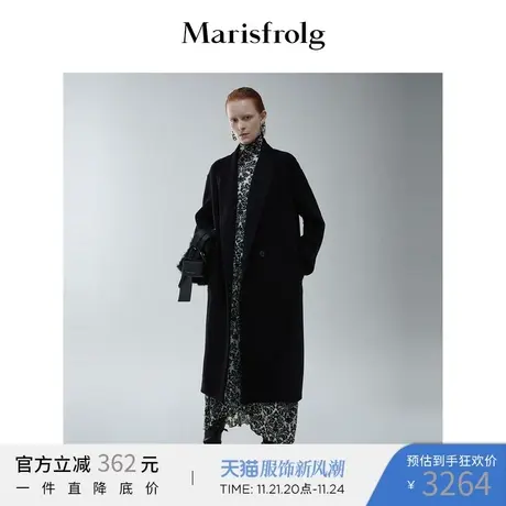 【意大利进口面料】玛丝菲尔冬季新款黑色大翻领茧型毛呢外套图片