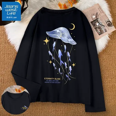 真维斯LIFE黑色长袖t恤女春秋款2023新款宽松显瘦上衣内搭打底衫商品大图