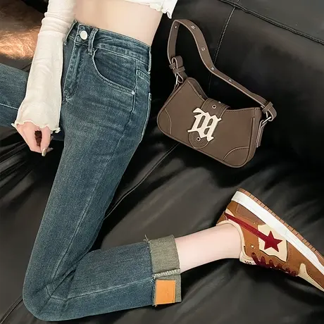 复古直筒牛仔裤女2024春秋新款九分小个子宽松显瘦挽边高腰烟管裤商品大图