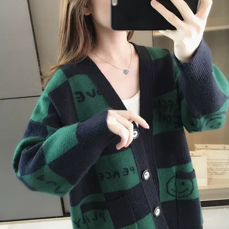 2023年秋装新款宽松毛衣开衫女士拼色针织衫外套早春秋慵懒风上衣商品大图