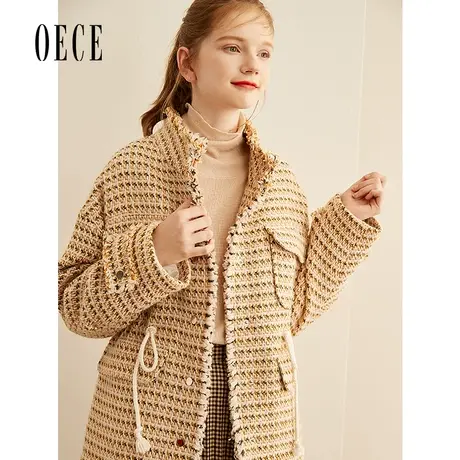Oece秋冬季新款女装 复古心机小香风流苏立领个性织花呢外套商品大图