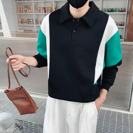 秋冬季时尚休闲拼色学生翻领卫衣外套潮牌潮流ins体恤男士polo衫商品大图