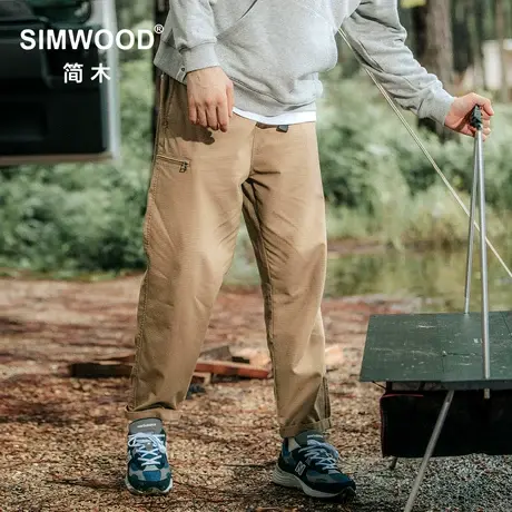 Simwood简木男装【宽松版型】新款珠帆格绣花侧拉链九分休闲裤男图片