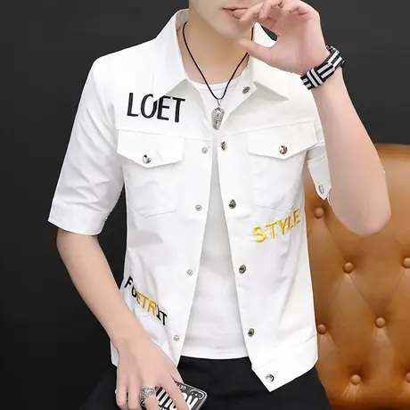 衬衫男短袖夏季潮牌个性中袖工装上衣ins韩版帅气修身五分袖半寸商品大图