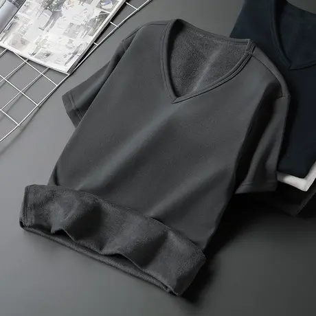 秋冬季短袖t恤男装V领内搭纯色半截袖保暖内衣加绒加厚半袖打底衫商品大图