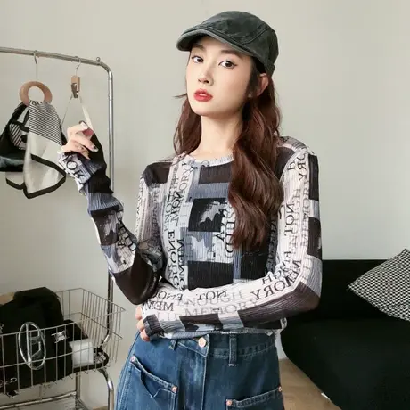 尔给设计感别致小众长袖上衣女夏款2023新款时尚洋气薄款防晒t恤商品大图