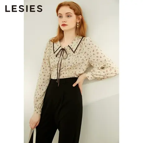 LESIES蓝色倾情春秋新款花色小清新碎花上衣女设计感织带长袖衬衫商品大图