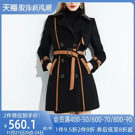 AUI小个子黑色毛呢西装外套女冬2024新款时尚气质撞色呢子大衣厚图片