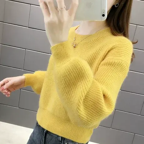 圆领毛衣女秋冬2023年新款女上衣外穿宽松短款韩版套头打底针织衫商品大图