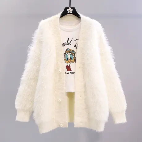 小清新仿水貂绒毛衣外套女秋冬2023年新款宽松中长款减龄针织开衫图片