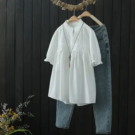 设计感小众上衣女2022夏季新款木耳领短袖纯棉衬衫宽松单排扣衬衣图片