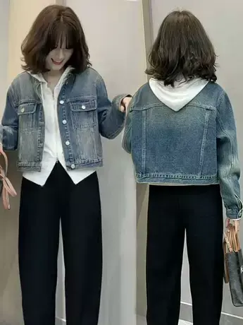 2023早秋新款欧货高级感复古做旧宽松牛仔短款外套小个子女装上衣图片