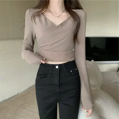 双面德绒打底衫女秋冬新款百搭内搭显瘦交叉V领洋气高领t恤上衣潮图片