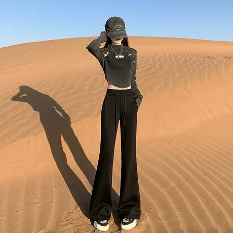 美式黑色加绒微喇叭卫裤女秋冬2023新款抽绳高腰显瘦运动休闲裤子图片