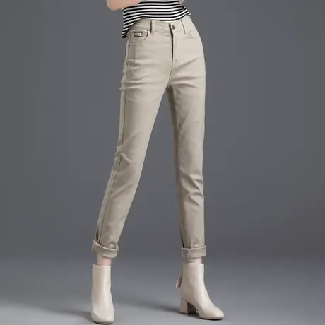 小脚牛仔裤女2023年新款秋冬加绒今年流行铅笔裤卡其色裤子女靴裤图片
