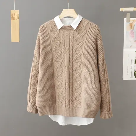 秋冬外穿慵懒风毛衣女装宽松休闲复古针织衫纯色圆领套头上衣内搭商品大图