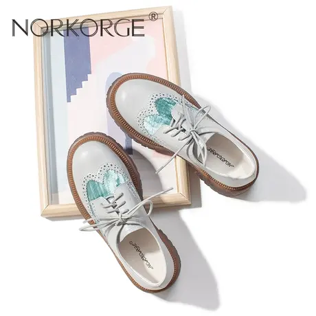 原创新款手工复古蓝灰色系带小皮鞋女鞋真皮厚底防滑圆头小皮鞋女商品大图