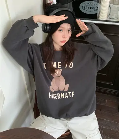 复古黑色圆领oversize卫衣女春秋2024新款加绒加厚小个子叠穿上衣商品大图