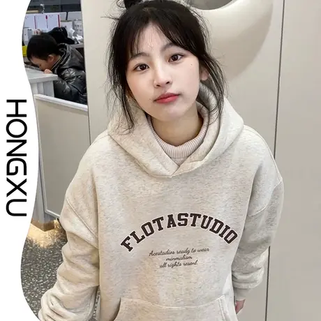 红续新款韩版加绒加厚连帽卫衣2023ins秋冬潮穿搭上衣女百搭显瘦图片