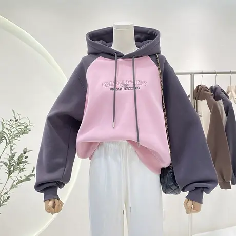 撞色连帽卫衣女美式复古字母刺绣宽松胖mm大码插肩袖加绒加厚外套商品大图