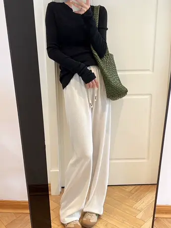 早秋暖妹~百搭高腰款学生党灯芯绒系带竖纹显瘦直筒少女阔腿长裤商品大图