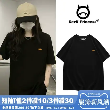BF风简约印花纯棉短袖女t恤黑色休闲oversize2025夏ins设计感半袖商品大图