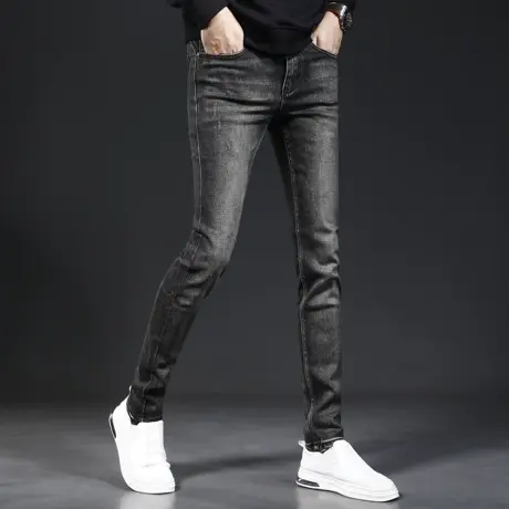 秋冬款牛仔裤男2023新款修身小脚深灰色韩版潮流弹力休闲男士裤子图片