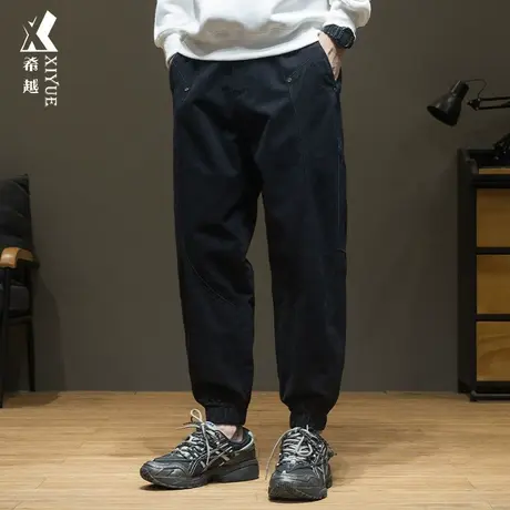 希越纯棉拼接设计休闲裤男春秋宽松大码复古水洗工装口袋束脚裤潮商品大图