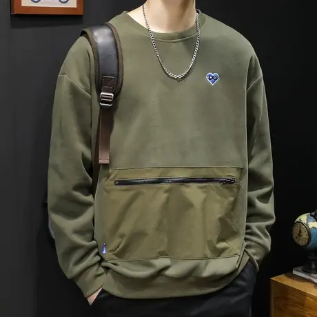 秋季圆领卫衣男秋冬口袋拉链加肥加大宽松大码新款男士上衣长袖潮商品大图