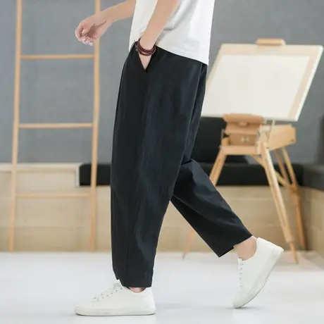 裤子男春季休闲男裤春夏棉麻男装潮胖子大码宽松阔腿裤夏季亚麻裤商品大图