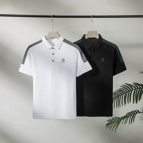 黑色短袖翻领POLO衫男士夏季2023新款宽松休闲潮牌拼接半袖上衣潮商品大图