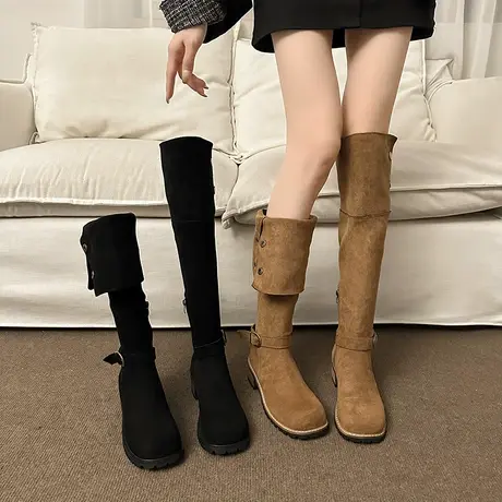 长筒靴女2023春秋新款复古英伦风西部牛仔靴粗跟高筒不过膝骑士靴图片