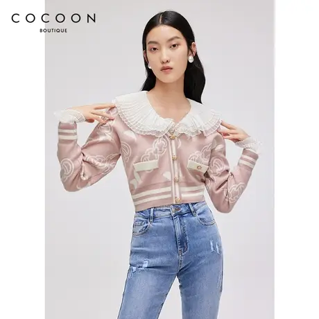 COCOON商场同款时尚上衣2023春新款女装温柔风娃娃领短款毛针织衫商品大图