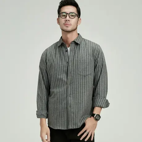 格慕施2023秋季长袖纯棉法兰绒衬衫男竖条纹青年大码宽松磨毛衬衣商品大图