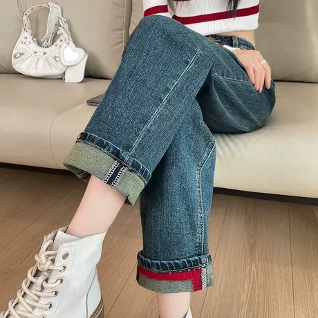 蓝色九分直筒牛仔裤女2024秋冬新款高腰宽松显瘦小个子卷边烟管裤商品大图
