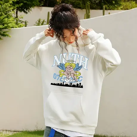 Nuthink宽松大码美式潮牌丘比特加绒加厚连帽卫衣男春季保暖外套商品大图