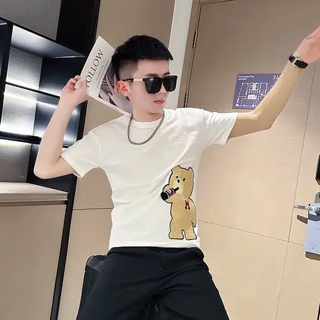 夏季男t恤上衣打底衫短袖修身半袖潮流圆领小熊图案潮牌休闲体恤商品大图