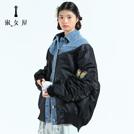 淑女屋旗舰店官网冬新款草原公主飞行服宽松刺绣拼接长夹克棉服女图片