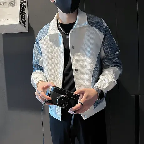 高级感撞色拼接夹克上衣男春秋季痞帅发型师2023新款潮男修身外套商品大图