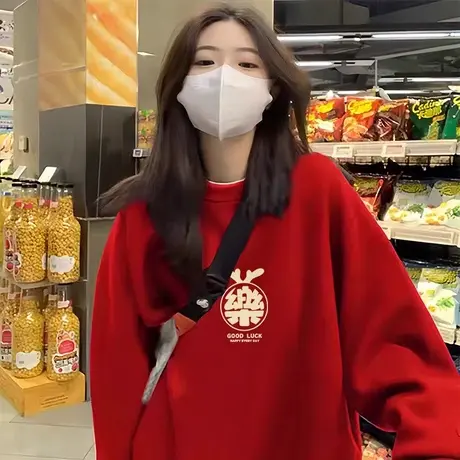 国风大红色上衣冬季oversize大码加绒外套潮ins卡通设计感卫衣女图片